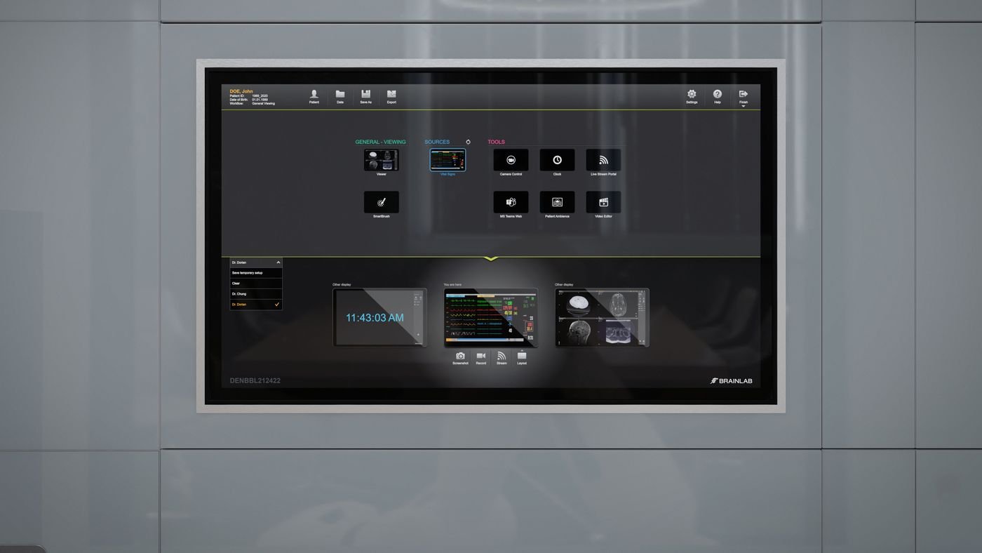 Brainlab Buzz Digital O.R. touch interface on an operating room wall display