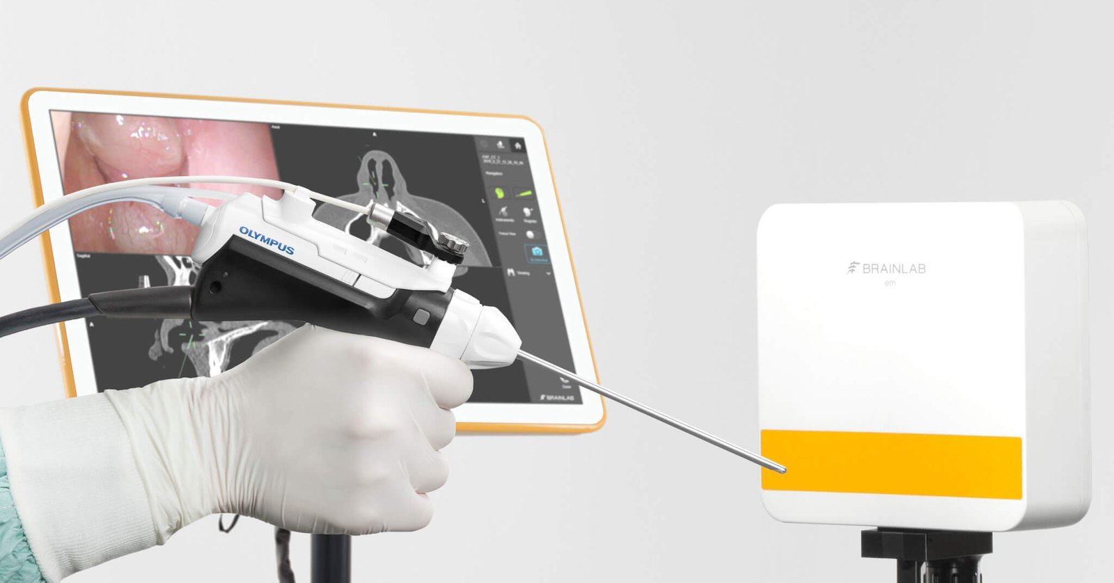 Brainlab ENT navigation software showing endoscopic view and CT planes
